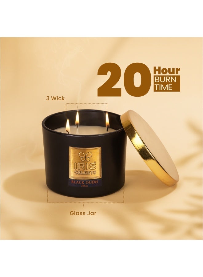 IRIS CELESTE Black Oud Jar Candle with lid - 226grams, 3 Wick Scented Candle 8oz | Warm Woody Fragrance | Perfect for Ramadan & Eid Gifts, Ceremonies, Meditation & Room Perfuming - Image 5